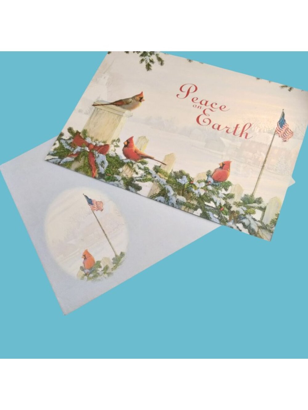 Peace On Earth Christmas Card Envelope Cardinals American Flag Patriotic Holiday